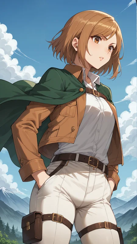 score_9,score_8_up,score_7_up,score_6_up, <lora:xl_more_art-full_v1:0.5>, source_anime, girl, dynamic pose, standing with hands in her pockets, <lora:Petra Ral - Pony-000004:0.8>, medium hair, brown hair, brown eyes, cropped jacket, brown jacket, open jacket, white shirt, collared shirt, green cloak, long sleeves, belt, straps, white pants, mountainous horizon, mountain top, mountain,