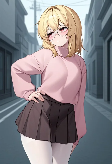 kanine41, detailed, amazing quality, detailed background, solo, pose, anime coloring, street, 1girl, blonde hair, medium hair, round eyewear, oversized pink turtleneck sweater, skirt, white tights, hand on hip, looking to the side, tilting head,