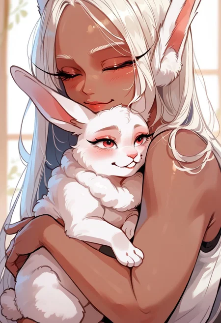 score_9, score_8_up, score_7_up, score_6_up, p3tl0v3, 1girl, rumi usagiyama, dark skinned female, hugging a white rabbit,Kakimaku, cozy bedroom