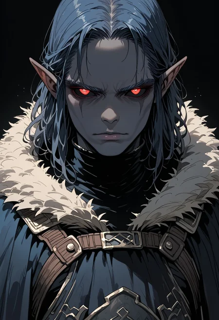 (score_9, score_8_up, score_7_up), source_anime, anime, waist-high image, drow, ash-gray skin, red pupils, black armor, ((male)), broad jawline, elf, calm face, handsome, solo, fantasy clothing, ((dark blue skin)), black background, viking, dark elf, darkest elf, noble clothes, big fur cape, curly hair, ((black sclera)), beard, ((ash-gray skin)), adult, ponytail hair