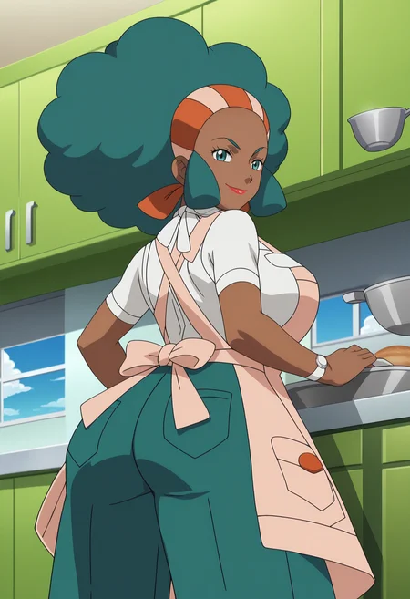 score_9, score_8_up, score_7_up, score_6_up, anime screencap, anime coloring, <lora:PMLenora_epoch_9:0.8>, PMLenora, dark skin, green eyes, eyelashes, green hair, big hair, afro, hairband, lipstick, large breasts,
pink apron, long apron, pocket, white shirt, short sleeves, green pants,
looking at viewer, looking back, ass, ass focus, from behind, smile, leaning forward, from below, 
BREAK, indoors, kitchen, blue sky, window, cloud, sunbeam,