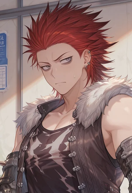 masterpiece, best quality, newest, extreme detail description, amazing quality, 1boy, solo, Rag4zz0_gbf, red hair, spiked hair, grey eyes, bag under eyes, mechanical arms, ear piercing, earrings, sleeveless jacket, fur trim, tank top, frown, serious expression, looking away