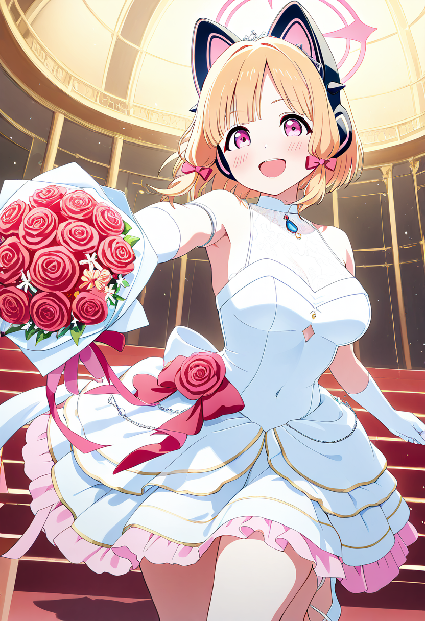 masterpiece, best quality, solo, curvy, beautiful eyes, narrow waist, wide hips, 1girl, solo, smile, looking at viewer, dynamic angle, foreshortening, close up,     zzMomoi, blonde hair, animal ears, fake animal ears, animal ear headphones, headphones, short hair, bow, halo, cat ear headphones, hair bow, red bow, pink eyes, pink halo,  ,<lora:MomoiBlueArchiveIXL:0.8>,[Elegant Classical Idol], <lora:LoveLiveSchoolIdolFestivalAllStarsNAI:0.5>, flowing white satin gown with silver lace detailing, delicate crystal tiara in her hair, matching silver heels, long satin gloves, minimal makeup with soft pink blush, gracefully holding a bouquet of roses, performing a delicate ballet routine on an ornate stage,