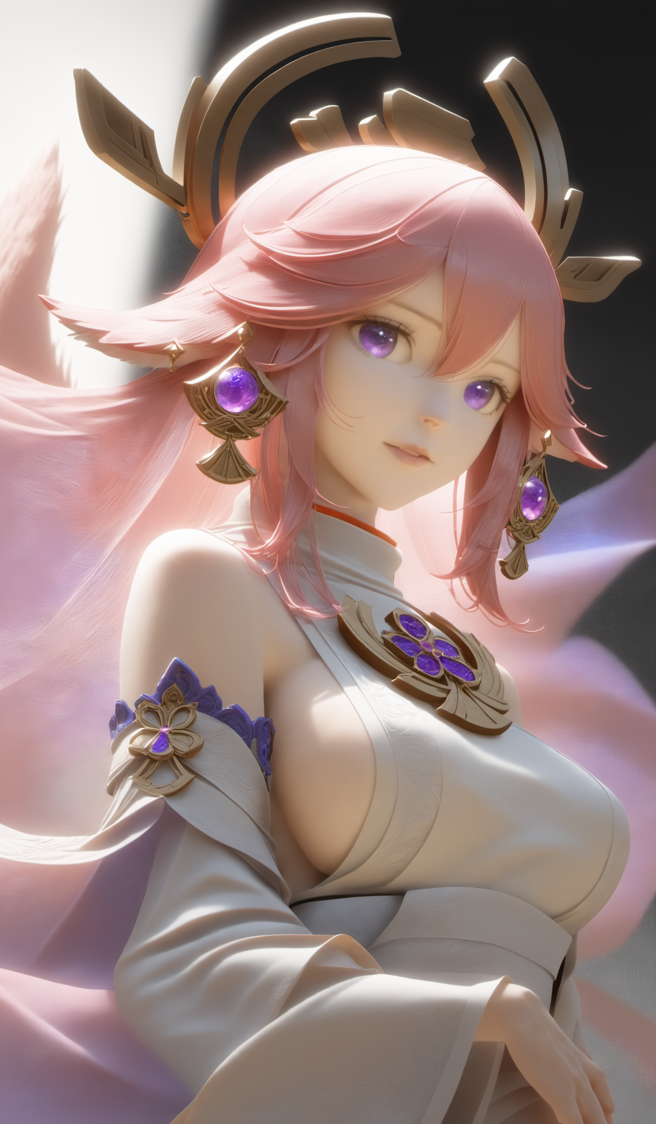(genshin impact)yae miko,pinke hair,long hair,fox ears, hair ornament, earrings, purple eyes,bare shoulders, detached sleeves,wide sleeves, jewelry,sideboob,japanese clothes, \(genshin impact\),
(Best quality,masterpiece,absurdres,ultra realistic:1.4),(Rococo:1.4),(close portrait:1.3),(((photo raw)), High-Key Lighting and Gobo Lighting Glitch Effect and Grain/Noise Texture and Motion Blur , ,),peerlessly , beautiful detailed eyes,(see-through_clothing),(Elegant),shine,glowing,sparkling,energy coalescing and vibrating,(dynamic angle,dynamic pose),Close-up photo,standing,nsfw, topless, nude,charming,alluring,seductive,enchanting,cleavage,exposed,(Dream_wave:1.22),
(Around floating colorful ice:1.4)the most beautiful form of chaos,(geometric:1.4),(colorful plum:1),