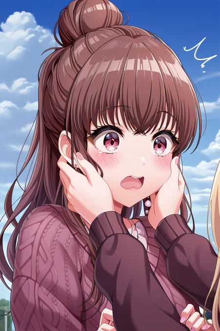 masterpiece, best quality, amazing quality,
<lora:Airi_IL:1> airi, jewelry, brown hair, blush, earrings, open mouth, long hair, solo focus, outdoors, cloud, sky, blonde hair, multiple girls, 2girls, hands on another's cheeks, hair bun, sweater, ponytail, day, pink nails, cslsk