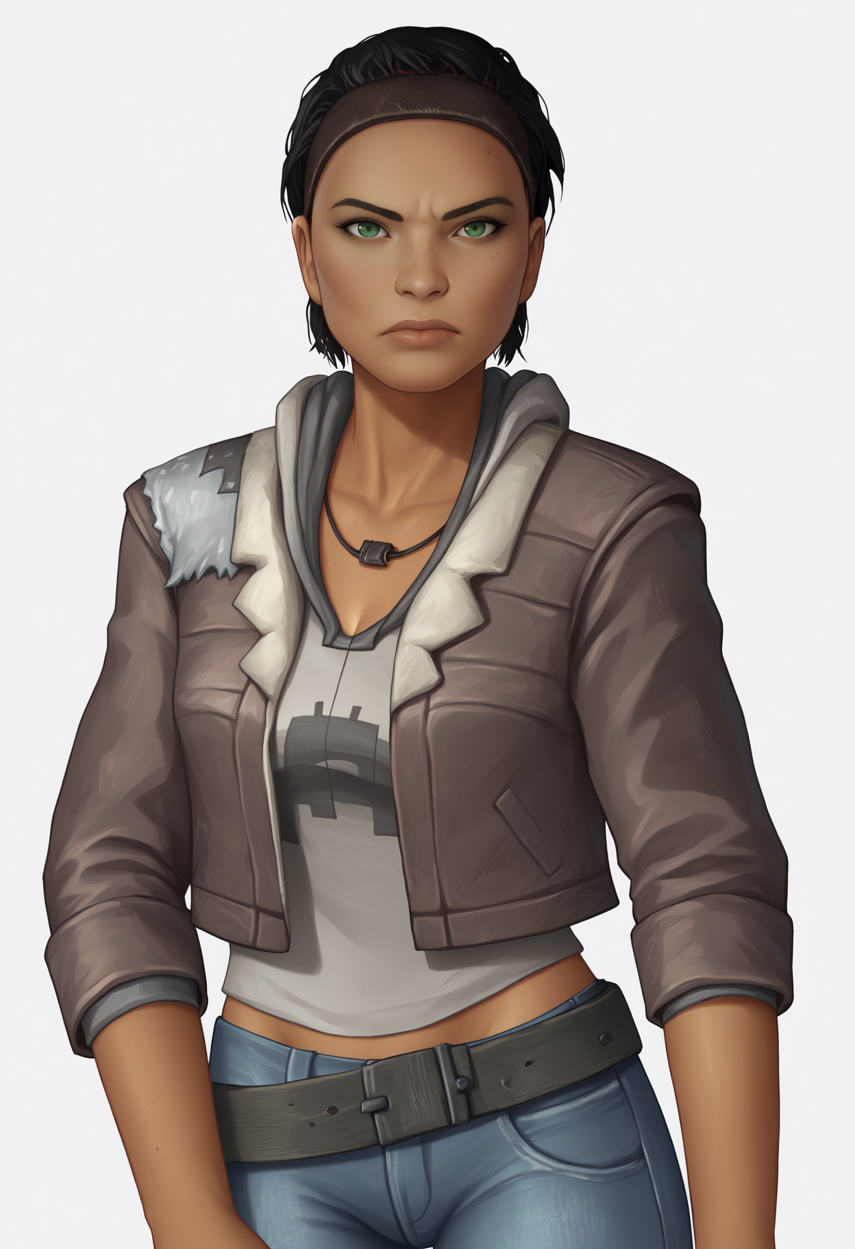 score_9, score_8_up, score_7_up, realistic, BREAK
1girl, alyxvance, tan skin, black hair, multicolored hair, green eyes,
belt, jacket, jeans, hoodie, necklace,
upper body, serious, standing, looking at viewer, solo, simple background, white background   <lora:AlyxVanceXL:1>
