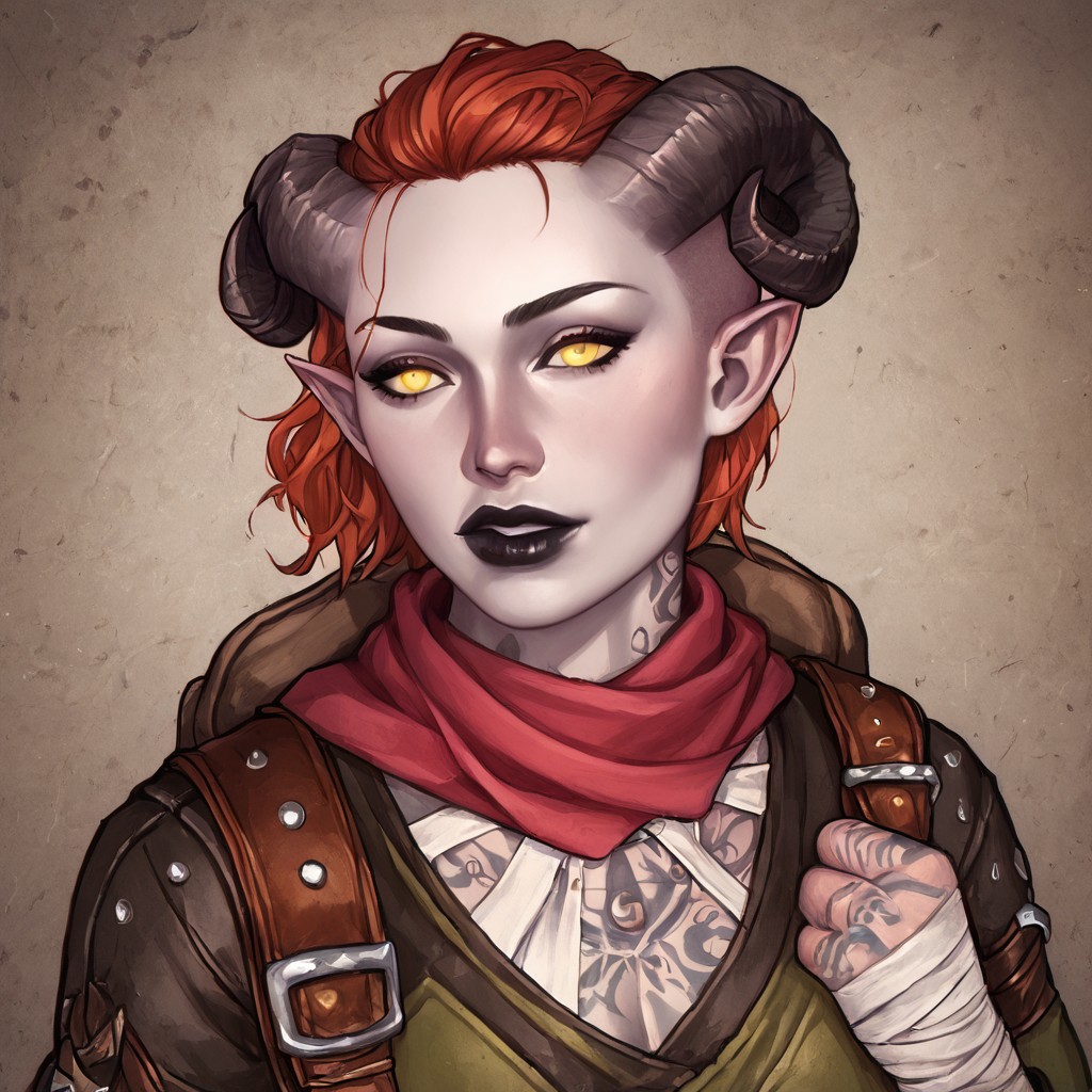 (((beautiful, high quality, perfect eyes, comics style, semi-realistic, perfect hands, detailed face))), score_9, score_8_up, score_7_up, BREAK solo, 1girl, 33y woman, (Tiefling, pointed ears, curved horns), ((pale gray skin:1.1)), ((hooked nose)), muscular, tattoos, fiery red hair, medium hair, unruly shaved side, Black lips, eyeshadows, yellow eyes, (flirting), BREAK a rogue wearing black torn coat, multiple belts, bandages, backpack, hood up, scarf, fantasy background, medieval inn, easynegative, JIM EIDOMODE, Dungeons and Dragons 5th edition style illustration