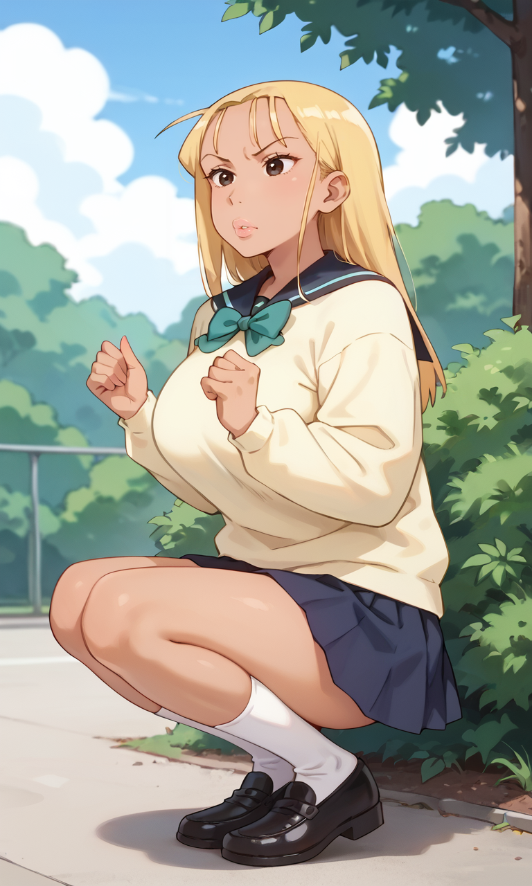 (1girl:1.5), (solo:1.3), (score_9, score_8_up, score_7_up, score_6_up, score_5_up, score_4_up), (source_anime), rating_questionable, (cowboy shot:1.3), blue sky, outdoors, bush, keep out, 
 (yellow sweater, oversized clothes, long sleeves, blue sailor collar, green bowtie, blue skirt, pleated skirt, miniskirt, white socks, black footwear), (large breasts), <lora:mari-classmate-yellow_v1:0.8> (mari-classmate-yellow), (dark skin:1.3), (black eyes, eyelashes, blonde hair, long hair, hair slicked back, wispy bangs, forehead, pink thick lips, big lips, frown, angry), huge breasts,  looking at another, hands up, 
squatting, from side