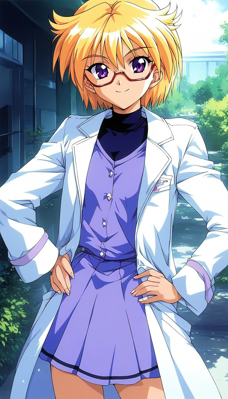 score_9, score_8_up, score_7_up, source_anime, rating_explicit, BREAK  <lora:Ijuin_Mei_XL:1> Ijuin_Mei, blonde hair, short hair, purple eyes,
solo, lab_coat, glasses, skirt, under body, hand on hip,  smile,  standing, long sleeves
 outdoor, day, light smile,
looking at viewer, 
cowboy_Shot,