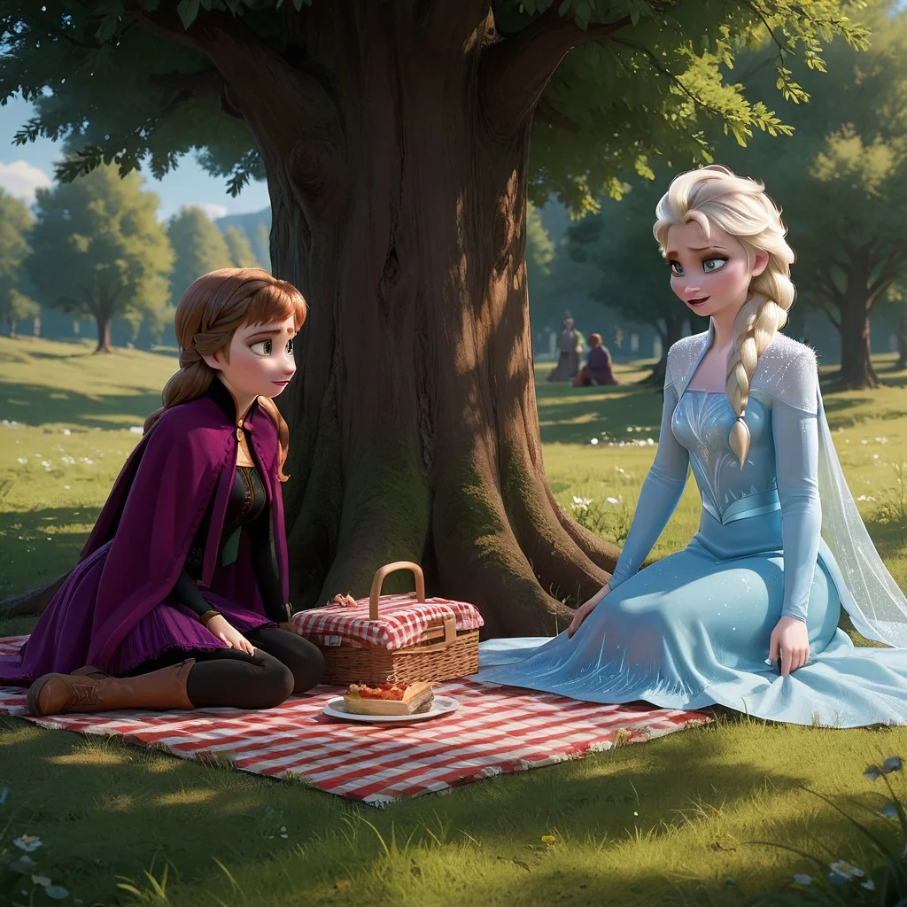 score_9, score_8_up, score_7_up, score_6_up, score_5_up, score_4_up, rating_questionable, 2girls, AnnaElsa, sisters, picnic, under a tree