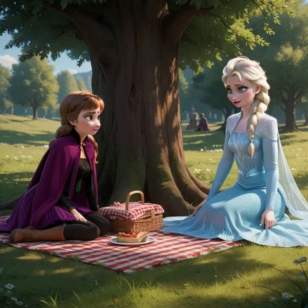 score_9, score_8_up, score_7_up, score_6_up, score_5_up, score_4_up, rating_questionable, 2girls, AnnaElsa, sisters, picnic, under a tree