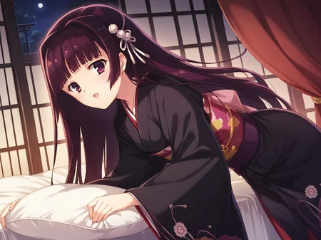 <lora:Alicesoft_-_Oyako_Rankan_-_Kotone_Ririko_Saya_Yukino:1>,night,moonlit,moonlight,alicesoft,ririko,1girl,solo,japanese clothes,kimono,long hair,black kimono,claret hair,open mouth,sash,hair ornament,obi,violet eyes,love hotel,bed,bed sheet,pillow,heart pillow,dim lighting,window,curtains,red curtains,standing,leaning forward,, score_9, score_8_up, score_7_up,source_anime,(masterpiece),(best quality),(ultra-detailed),(best illustration),(best shadow),(absurdres),(detailed background),(very aesthetic),source_anime