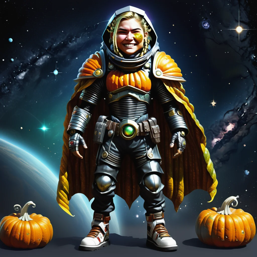 ((realistic,digital art)), (hyper detailed),h4l0w3n5l0w5tyl3DonML1gh7 female Space marine, , Late twenties, Full-figured, Native American, Chestnut eyes, Deviated Septum Nose, Unique Chin, Protruding Jaw, Laugh lines, Sandy Blonde Dutch braid hair, Contempt, Engaging in an expressive and dynamic dance form from the future., wearing Carbon-fiber Culottes, Plaid Carbon-fiber Hooded Poncho, Gravitational Hiking Sandals, , Solar-powered Safety Goggles ,, Striking a pose while navigating through galactic adventures., <lora:h4l0w3n5l0w5tyl3DonML1gh7-v1.1-000008:1>