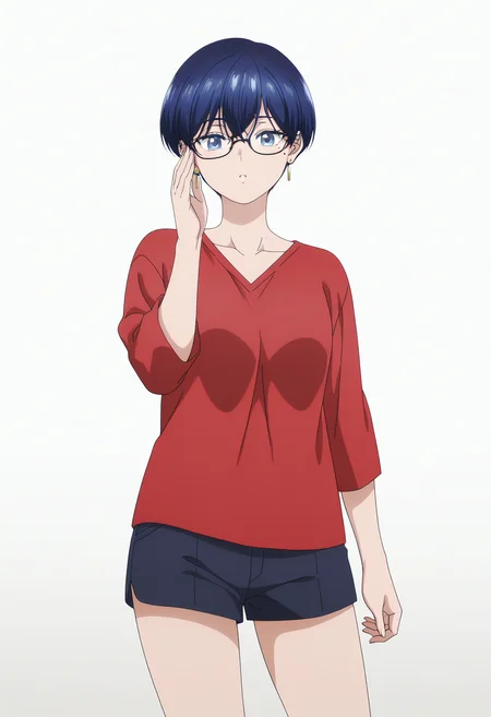 masterpiece, best quality,  absurdres, highres, 1girl,  <lora:anime_screencap:1>, anime screencap, anime coloring,  <lora:fuji:1>, fujiwz, very short hair, blue hair, hair between eyes,  blue eyes, mole, mole under eye, earrings, red shirt, shorts, glasses, adjusting eyewear, standing, looking at viewer, parted lips, simple background, white background,