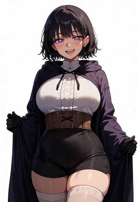 score_9. score_8_up. score_7_up. score_6_up. score_5_up. score_4_up, source_anime, 1girl, solo, calm, smile, smirk, seductive, squinted eyes, blushing, open mouth, 1girl, very_massive breasts, wide hips, thin waist, thick thighs, morgan_(female)_(fire_emblem), black hair, medium hair, bangs, purple eyes, purple robe, black robe, hooded robe, open robe, brown corset, white shirt, black shorts, black gloves, ((brown belt)), brown pouches, white stockings, cowboy shot, white background, <lora:ebora-Style-PonyXL-GLoRA-000049:1>, there is a lack of fire