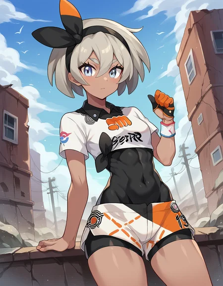 score_9, score_8_up, score_7_up, source_anime,
pokemonbea, <lora:pokemon-bea-ponyxl-lora-nochekaiser:1>
pokemonbea, blue eyes, dark skin, dark-skinned female, grey hair, hair between eyes, short hair, ribbon, hair ribbon, hairband, black ribbon, black hairband,
bodysuit, covered navel, shorts, single glove, glove, crop top, white shirt, short sleeves, collar, white shorts,
outdoors, wasteland,
looking at viewer, cowboy shot, dutch angle,