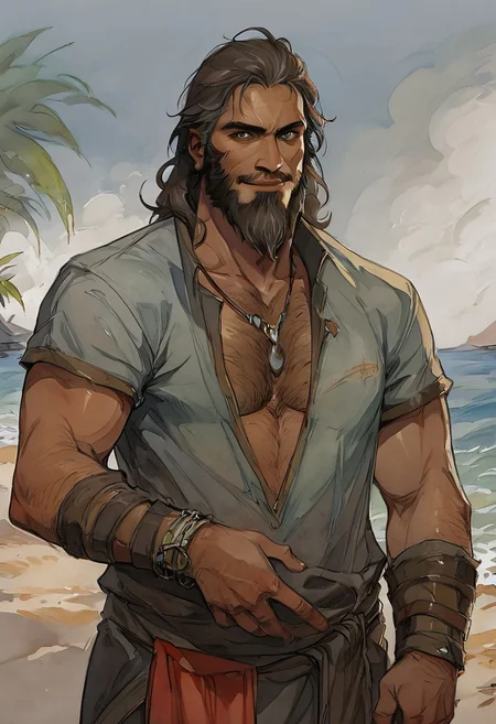 score_9, score_8_up, 1boy, IfanBM, mature male, tan skin, facial hair, muscular, ((beard)), (brown hair, grey streaks), ((fantasy style clothing)), (beach paradise), watercolor \(medium\), traditional media, hairy chest, very hairy, (looking at viewer flustered), dutch angle, Expressiveh, smirk, lips slightly apart, sexy posing, ((fantasy clothing)), jewelry, manly, necklace, bracelet, dynamic pose,