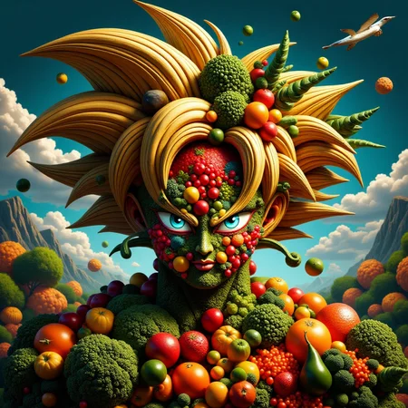ultra hd optical illusion and, optical vision, a display of fruits and vegetables, if you look closely you can see Goku's face taking shape, a beautiful symbiosis between Goku and the plant elements,