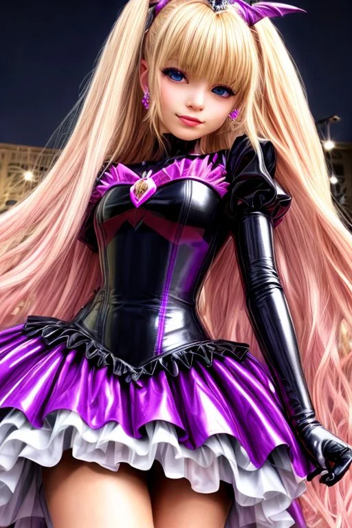 blonde evil corrupted young princess wearing dark pastel (ruffled:1) (gleaming latex:1) DarkPrecure Bad_End_Precure gown with (long latex cape:1) and latex elbow bridal gauntlets, (Perfect Face:1), soft lighting, glossy red lips, ruffles,
<lora:more_details:1>