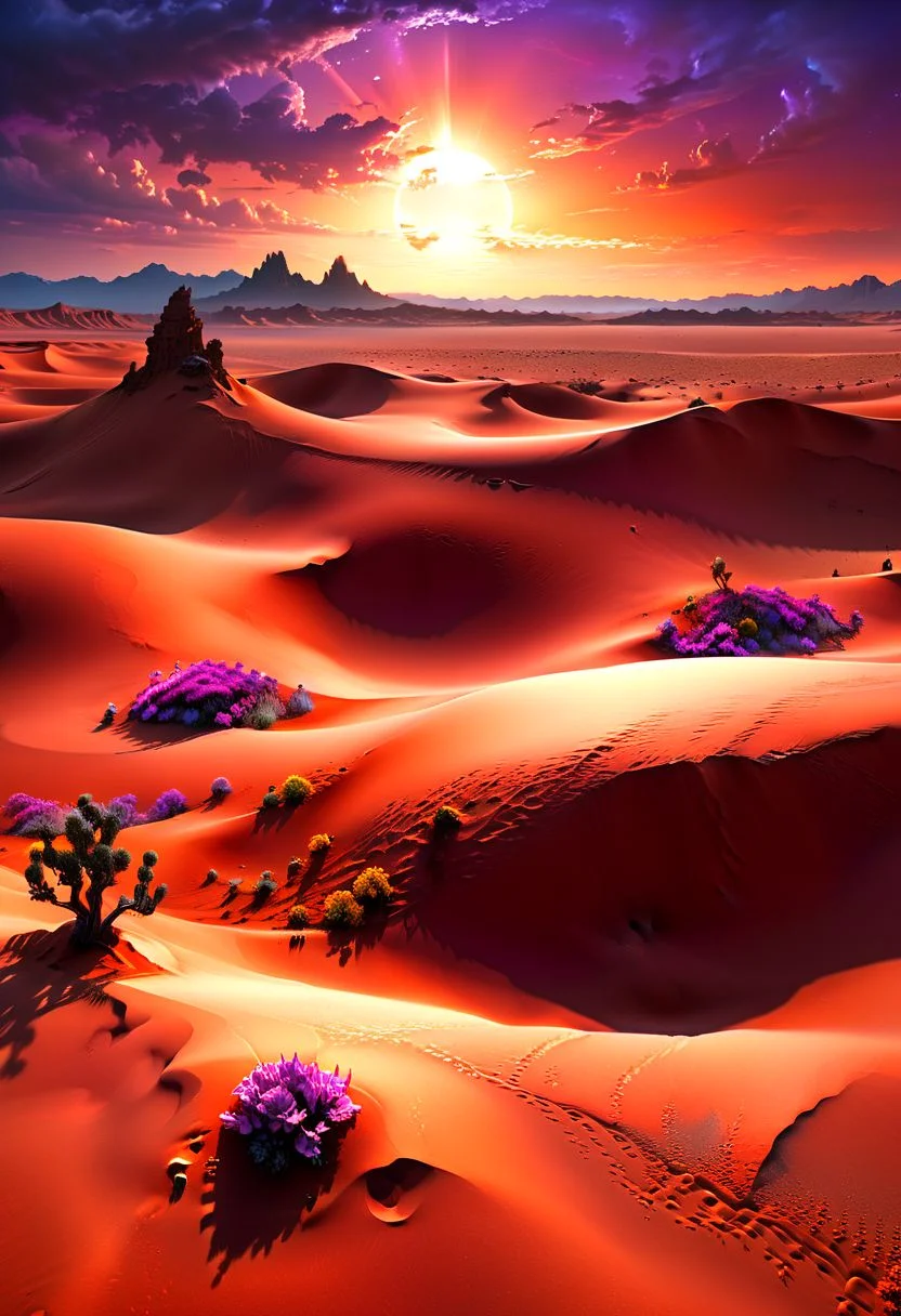 Illustrate a mesmerizing alien desert landscape with vast dunes of shimmering, colorful sand. Giant, crystalline formations rise from the ground, catching the light of twin suns. Exotic, resilient plants with glowing flowers dot the horizon. The sky is a blend of vibrant oranges and purples, with a distant nebula visible. Best quality, high resolution, extremely detailed, 8k. UHD, masterpiece, trending on artstation, sharp focus, studio photo, intricate details, highly detailed, by greg rutkowski<lora:xl_more_art-full_v1:0.5>