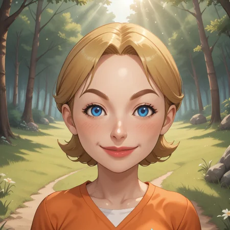 score_9, score_8, BREAK, solo, mii, wii, wii sports, female mii, 1girl, cute, blonde hair, dark blonde eyebrows, white skin, blue eyes, big lips, blush, orange clothing, white pants, sneakers, Julie_(\Wii_Sports\), Nintendo Mii, modern_mii, classic_mii, breasts, sexy pose, self portrait, smile, outdoors, sunlight, shadows, evening lighting, natural lighting, forest, trees, grass, orange sky, sunset