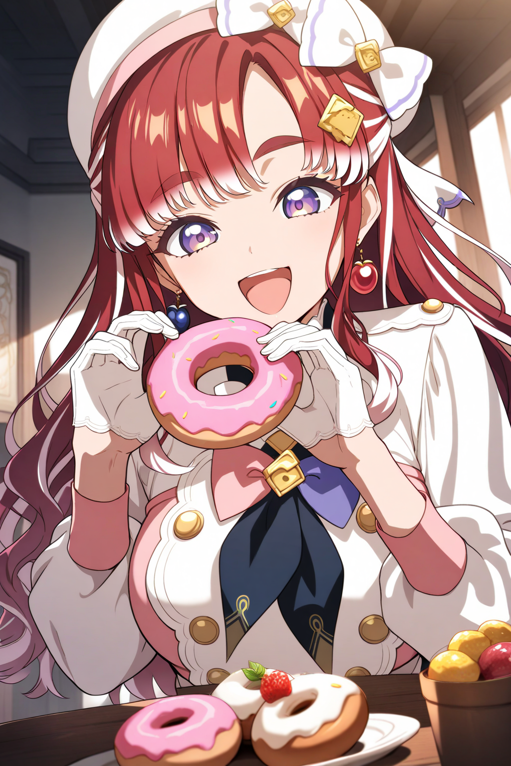 1girl, solo, (close-up:1.2),
saotome berry, saotome berry 1st costume,
beret, (hat bow), white bow, white headwear,
long hair, red hair, multicolored hair, white hair,
streaked hair, braid, wavy hair,
parted bangs, asymmetrical bangs,
thick eyebrows, purple eyes,
looking at food,
smile,
eating, open mouth, (donuts), o-ring, table, 
earrings, jewelry, hair ornament,
white jacket, double-breasted,
large breasts,
black neckerchief,
white bowtie, pink bowtie, purple bowtie, 
pink dress, frilled dress,
buttons,
long sleeves, puffy sleeves,
half gloves, white gloves,
white apron,
<lora:kp_SaotomeBerryAnimagineXL_v1:1.0>
masterpiece, high score, great score, absurdres,
ultra-detailed, anime style, moody lighting, high resolution,