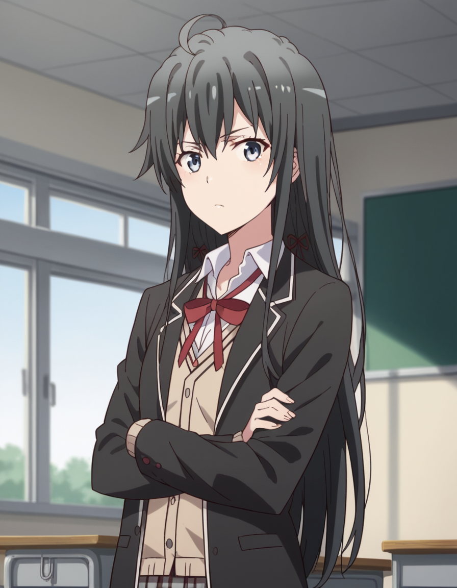 score_9, score_8_up, score_7_up, source_anime,
yukinoyukinoshita, <lora:yukino-yukinoshita-s2s3-ponyxl-lora-nochekaiser:1>,
yukino yukinoshita, black hair, blue eyes, long hair, ahoge,
blazer, cardigan, jacket, plaid, plaid skirt, school uniform, skirt, sobu high school uniform,
indoors, classroom, crossed arms,
looking at viewer, cowboy shot, dutch angle, solo,