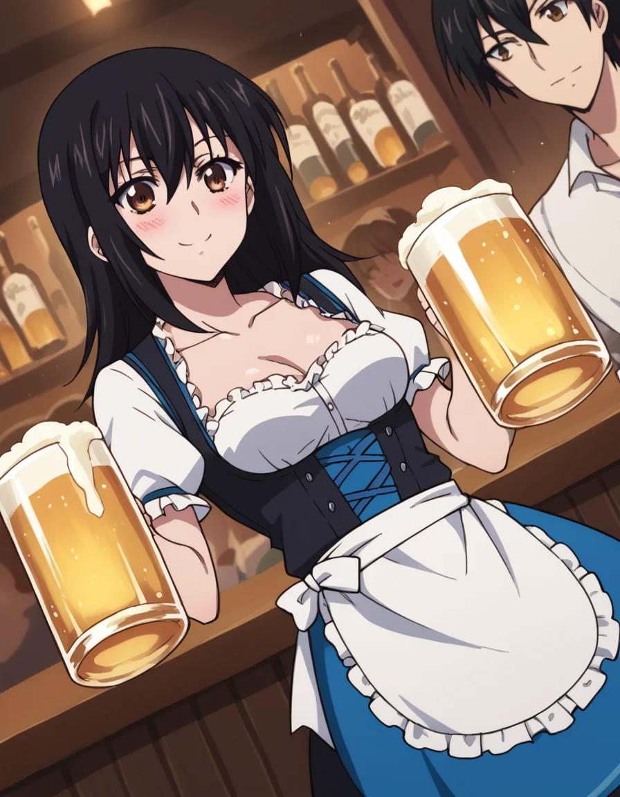 score_9, score_8_up, score_7_up, source_anime, <lora:yukina-himeragi-s1-ponyxl-lora-nochekaiser:1>, yukina himeragi, long hair, black hair, brown eyes, medium breasts,, <lora:dirndl-ponyxl-lora-nochekaiser:1>, dirndl, german clothes, beer mug, collarbone, cleavage, beer, underbust, waist apron,, indoors, bar, smile, blush,, , cowboy shot, dutch angle
