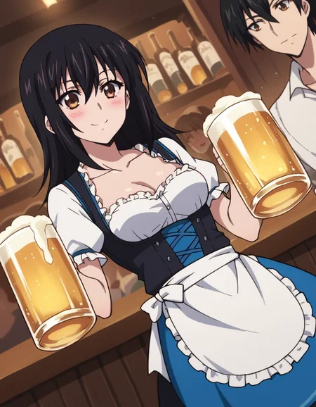 score_9, score_8_up, score_7_up, source_anime, <lora:yukina-himeragi-s1-ponyxl-lora-nochekaiser:1>, yukina himeragi, long hair, black hair, brown eyes, medium breasts,, <lora:dirndl-ponyxl-lora-nochekaiser:1>, dirndl, german clothes, beer mug, collarbone, cleavage, beer, underbust, waist apron,, indoors, bar, smile, blush,, , cowboy shot, dutch angle