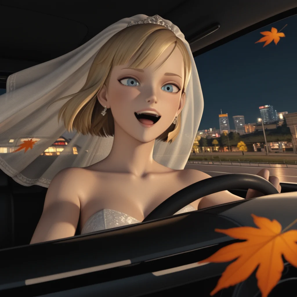 masterpiece, best quality, <lora:Haley MC:1> midnightclub, haleymc, 3d, bridal veil, wedding dress, car interior, driving, night, city, racing, open mouth, wind, autumn, happy,