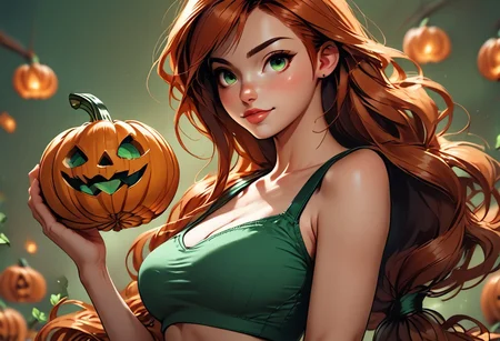 score_7_up,score_8_up, score_9, score_8_up, score_7_up, Tifa, portrait, ginger Hair, red Hair, Long wavy Hair, Green Eyes, green crop top, holding a pumpkin lantern, in a pumpkin patch field