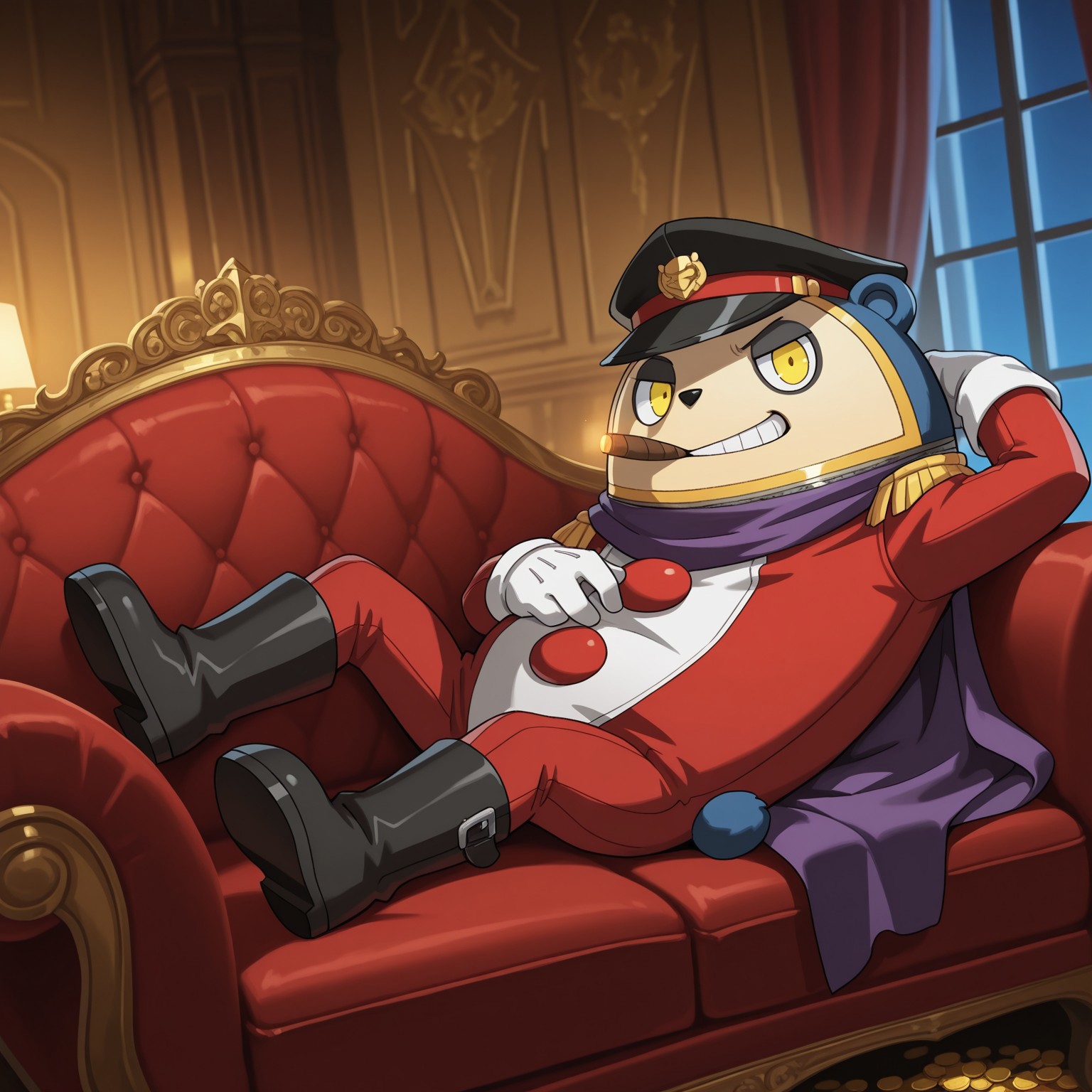 P4Teddie, 1boy, 2d, solo, Bear, male, furry male, blue fur, bear ears, yellow eyes, zipper, black nose, red and white bodysuit, peaked cap, white gloves, black boots, purple scarf cape, yellow epaulettes, cigar in mouth

BREAK evil grin, gold, lots of coins, mansion, inside, indoors, window, night, lying on couch, royal couch, looking at viewer, aesthetic lighting, relaxed