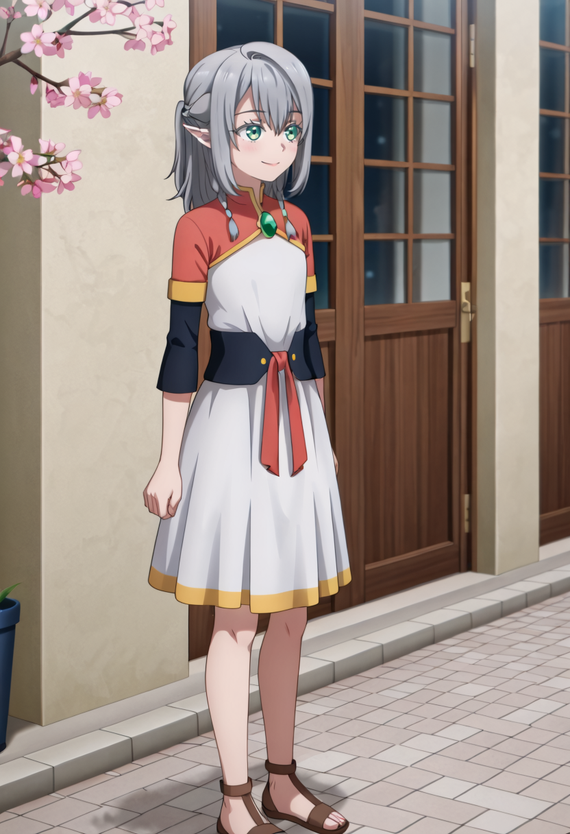 <lora:Young Tessia_IL:1>Young Tessia, 1girl, gray hair, pointed ears, elf, green eyes, white asymmetrical dress with yellow trim, red sash waist tie, black long-sleeve undershirt, green gem pendant necklace, white thigh-high socks, black crisscross strap shoes
 Urban terrace with cherry blossom trees Over-the-shoulder look: Glancing back with a slight smile. contempt