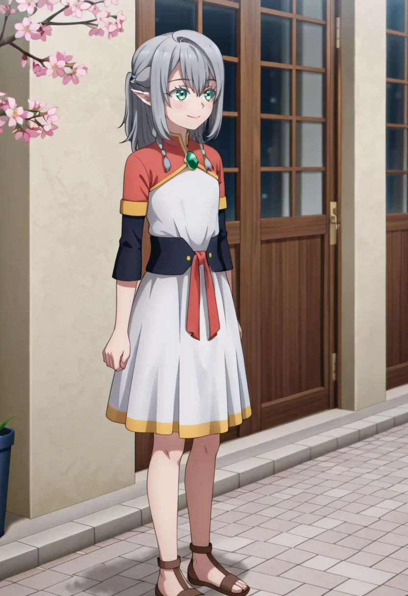 <lora:Young Tessia_IL:1>Young Tessia, 1girl, gray hair, pointed ears, elf, green eyes, white asymmetrical dress with yellow trim, red sash waist tie, black long-sleeve undershirt, green gem pendant necklace, white thigh-high socks, black crisscross strap shoes
Urban terrace with cherry blossom trees Over-the-shoulder look: Glancing back with a slight smile. contempt