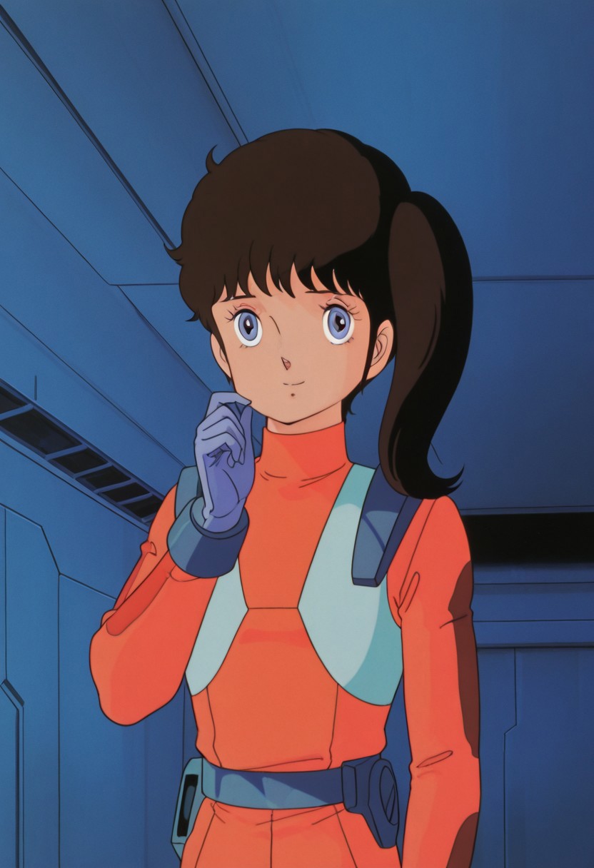 masterpiece, best quality, source_anime,official art,perfect_anatomy,1980s_\(style\),retro_artstyle,anna1996,1girl,blue eyes,brown hair,side ponytail,turtleneck,pilot suit,gloves,looking_at_viewer,smile,upper body,indoors,Hangar