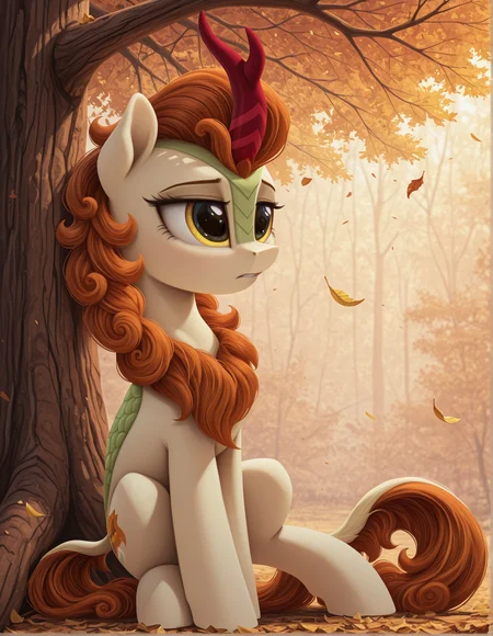 resolution, masterpiece, high resolution, (SOLO: 1.2) my little pony, friendship is magic, wild, detailed background,
,pony earth ponies, sits leaning back on tree, autumn blaze,pony, kirin, light cream body, mane and tail of a rich orange-brown shade, pale green scales on the neck and shoulders, golden eyes, an unusually shaped horn with stripes, a long, lush mane, <lora:autumn_blaze:1> <lora:FRG (1):1>