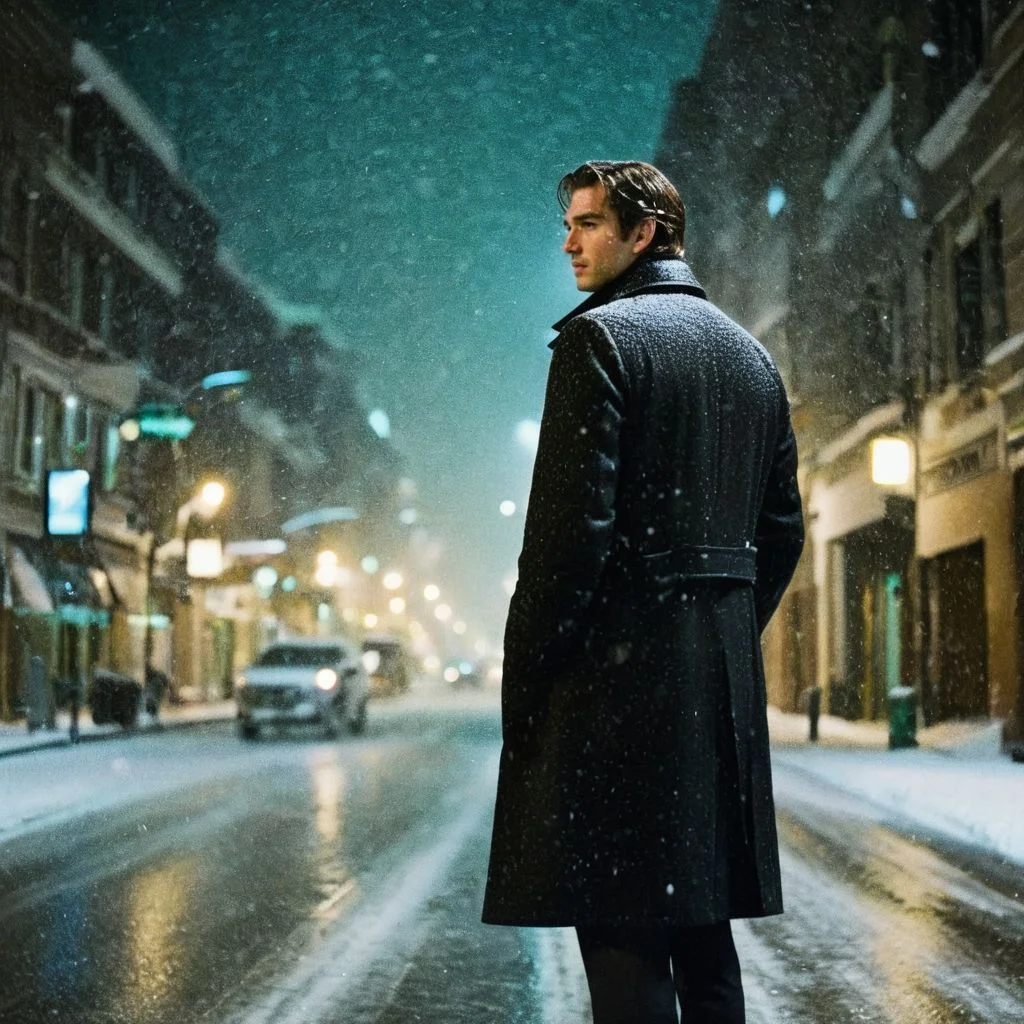 film photography style a man with brown hair during a snowstorm at night, Low Angle, Medium Shot <lora:FILM_PHOTOGRAPHY_STYLE-000049:.6>