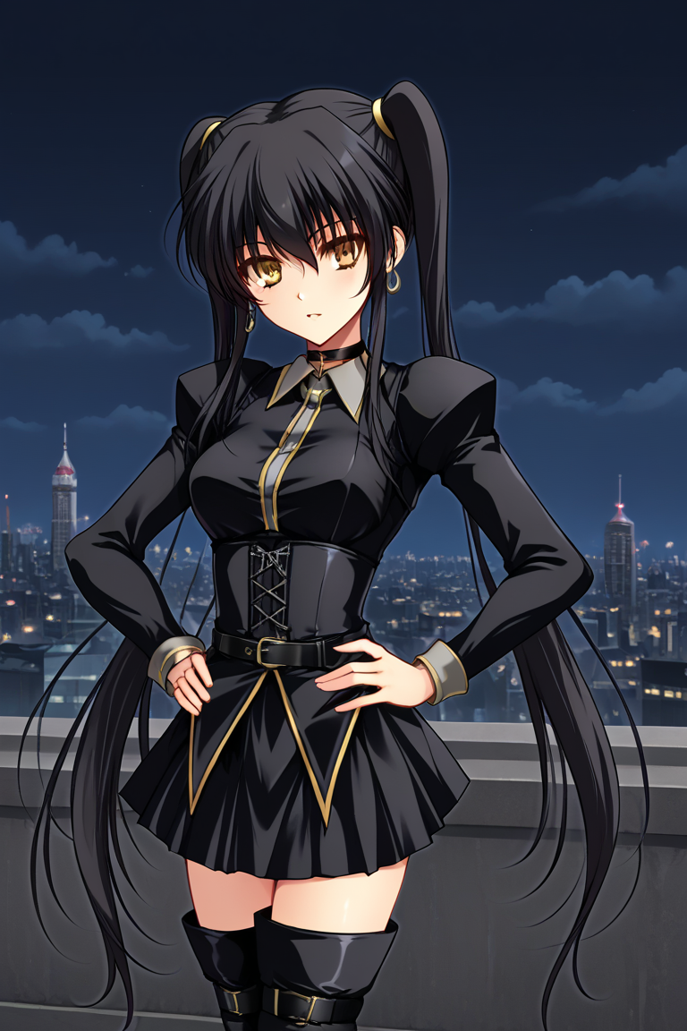 1girl, solo, nosogirenes, black hair, twintails, very long hair, sidelocks, yellow eyes, earrings, choker, black shirt, juliet sleeves, long sleeves, corset, belt, black skirt, thigh boots, cowboy shot, outdoors, night, cityscape, standing, parted lips, facing, viewer, hands on hips,