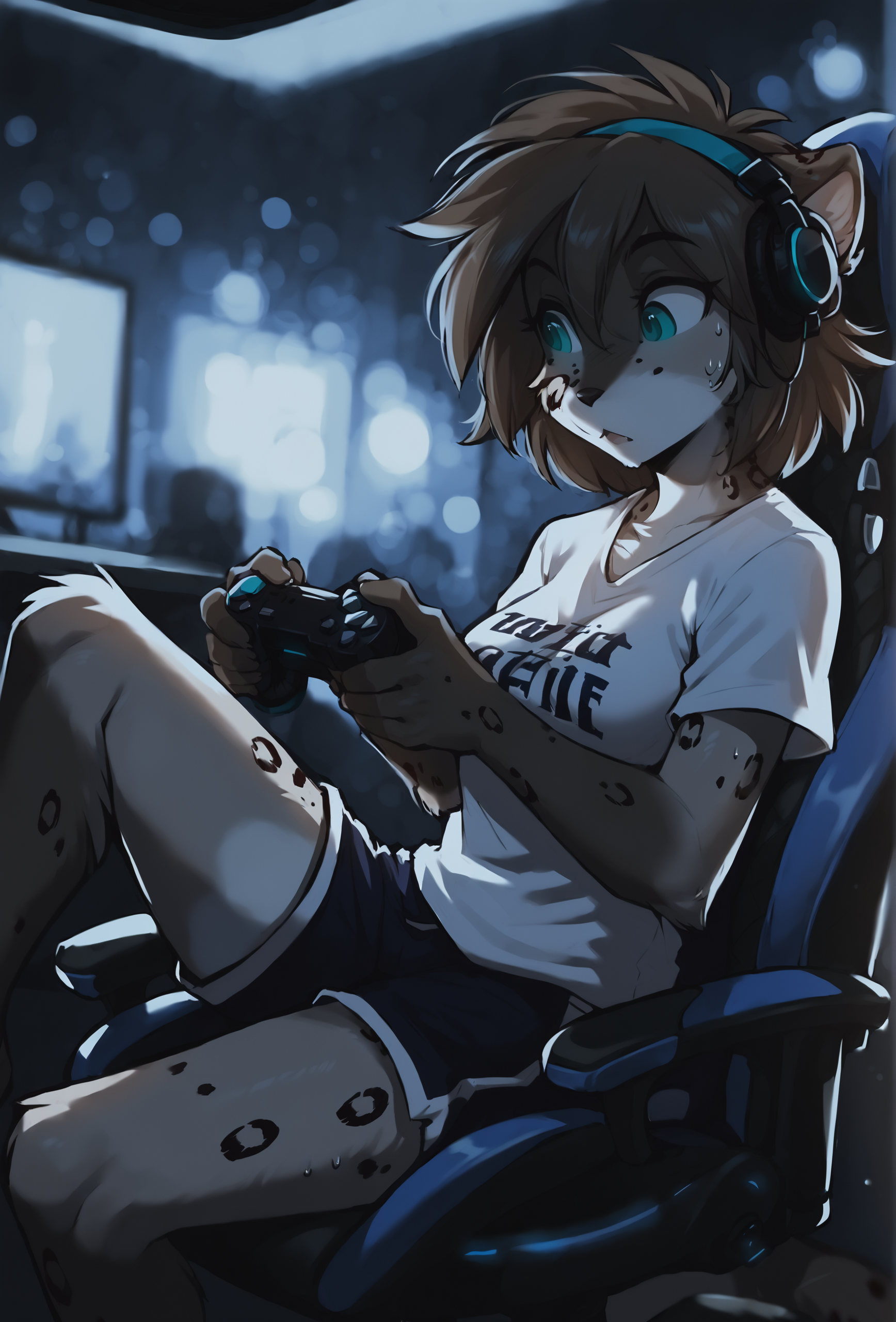 score_9, score_8_up, score_7_up, score_6_up, score_5_up, score_4_up, dark theme, low light, indoors, gaming chair, game controller, furrowed brow, from side, depth of field, bokeh, dramatic lighting,  BREAK
kathrin vaughan, 1girl, (eye reflection:1.3), detailed eyes, medium hair, t-shirt, clothes writing, hairband, dynamic pose, headphones, sweat, knee up, shorts,  <lora:kathrin_vaughan_ponyxl_r6_e10:0.95> BREAK
 <lora:Smooth Night Style SDXL_LoRA_Pony Diffusion V6 XL:0.75>