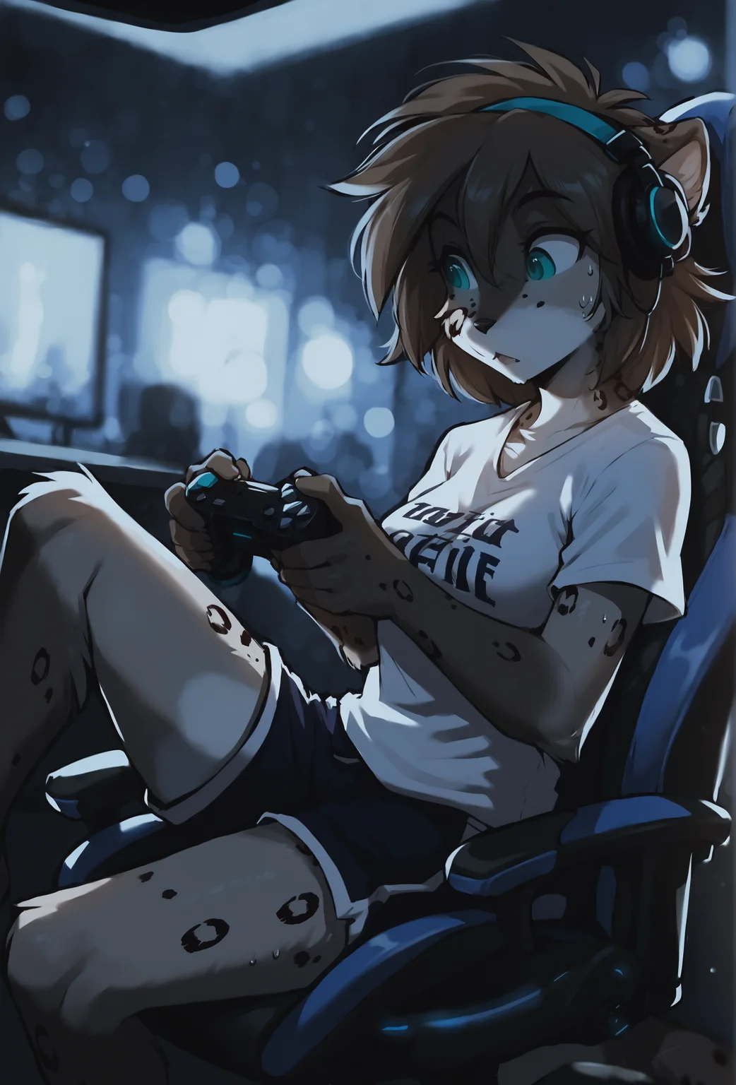 score_9, score_8_up, score_7_up, score_6_up, score_5_up, score_4_up, dark theme, low light, indoors, gaming chair, game controller, furrowed brow, from side, depth of field, bokeh, dramatic lighting, BREAK
kathrin vaughan, 1girl, (eye reflection:1.3), detailed eyes, medium hair, t-shirt, clothes writing, hairband, dynamic pose, headphones, sweat, knee up, shorts, <lora:kathrin_vaughan_ponyxl_r6_e10:0.95> BREAK
<lora:Smooth Night Style SDXL_LoRA_Pony Diffusion V6 XL:0.75>
