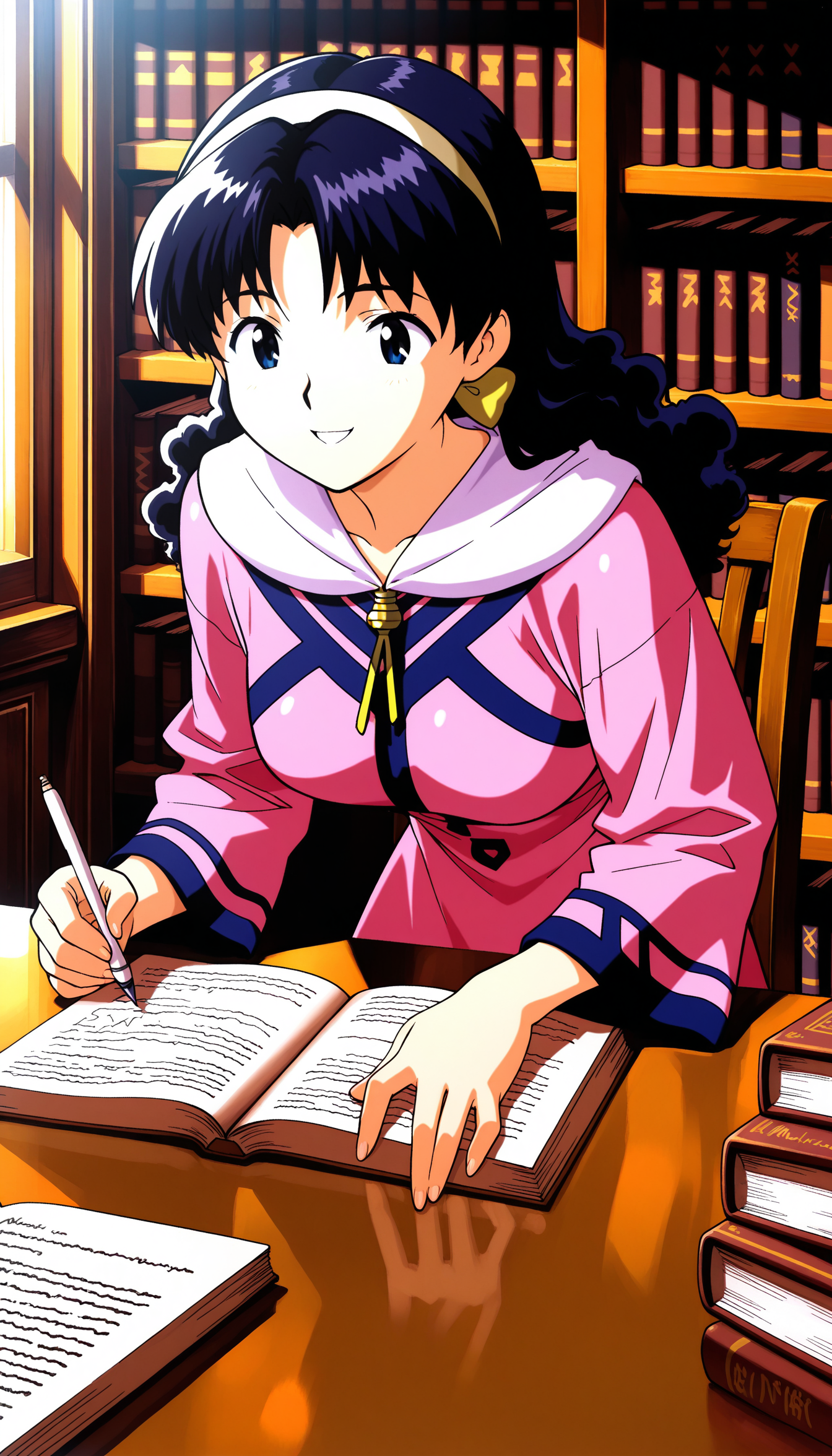 masterpiece,best quality,amazing quality, 1girl, mia_ausa, library, studying, pink dress, jewelry, hair bow, hairband, frontal view, smile, parted lips