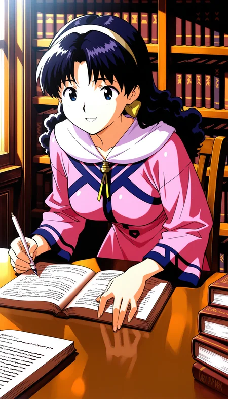 masterpiece,best quality,amazing quality, 1girl, mia_ausa, library, studying, pink dress, jewelry, hair bow, hairband, frontal view, smile, parted lips
