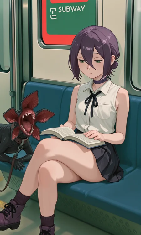 embedding:IllusP0s, g00se, pet collared demogorgon, leash, 1girl, solo, reze, crossed legs, sitting, reading book, subway, black ribbon, button up, white shirt, sleeveless, green eyes,<lora:g00se_v2_ill.safetensors:0.9:0.9> <lora:pet collared demogorgon, leash_illustrious.safetensors:1:1>