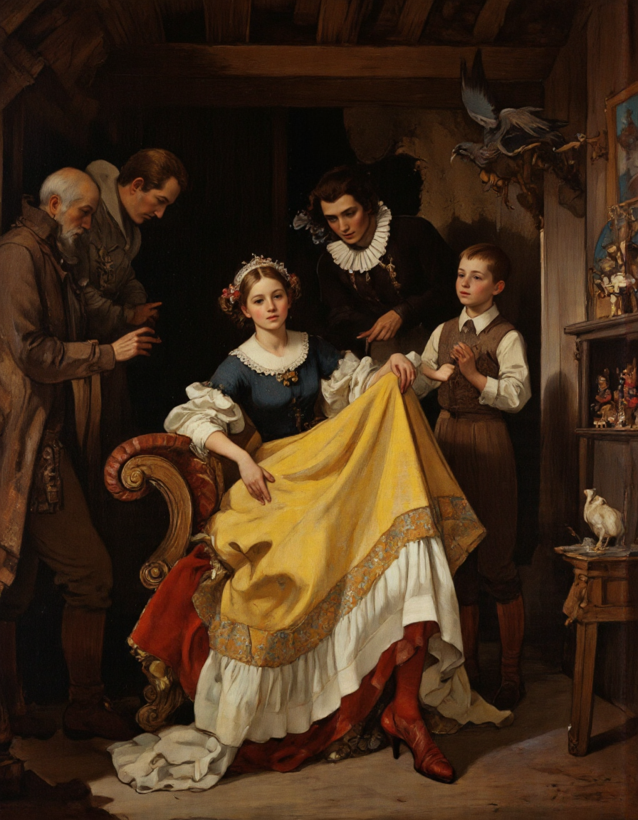 UHD, 8K, ultra detailed, a cinematic photograph of Rembrandt style <lora:vladimirsky:1>, This is a highly detailed, realistic oil painting by German artist Max Liebermann, titled "The Snow Queen." The painting depicts a scene from the fairy tale "The Snow Queen" by Hans Christian Andersen. The central figure is a young woman dressed in a voluminous, yellow gown with a dark blue bodice and puffy sleeves. Her hair is styled in a loose, wavy fashion, and she wears red high-heeled shoes. Surrounding her are three other figures: a man, a woman, and a boy. The man, standing to the left, has a serious expression and wears a brown coat and trousers. The woman, standing slightly behind the man, has a neutral expression and is dressed in a dark brown dress with a white apron. The boy, standing to the right, has a curious expression and is dressed in a white shirt with brown trousers and a vest., 
The setting appears to be a rustic, wooden interior with a wooden ceiling and beams. The walls are adorned with a bird sculpture and a small, framed painting. In the background, there is a wooden shelf with various small, wooden toys. The lighting is warm, casting soft shadows that enhance the texture and depth of the scene. The painting captures a moment of stillness and contempl . Baroque, chiaroscuro, realistic, emotional, "flat lighting, beautiful lighting, great composition