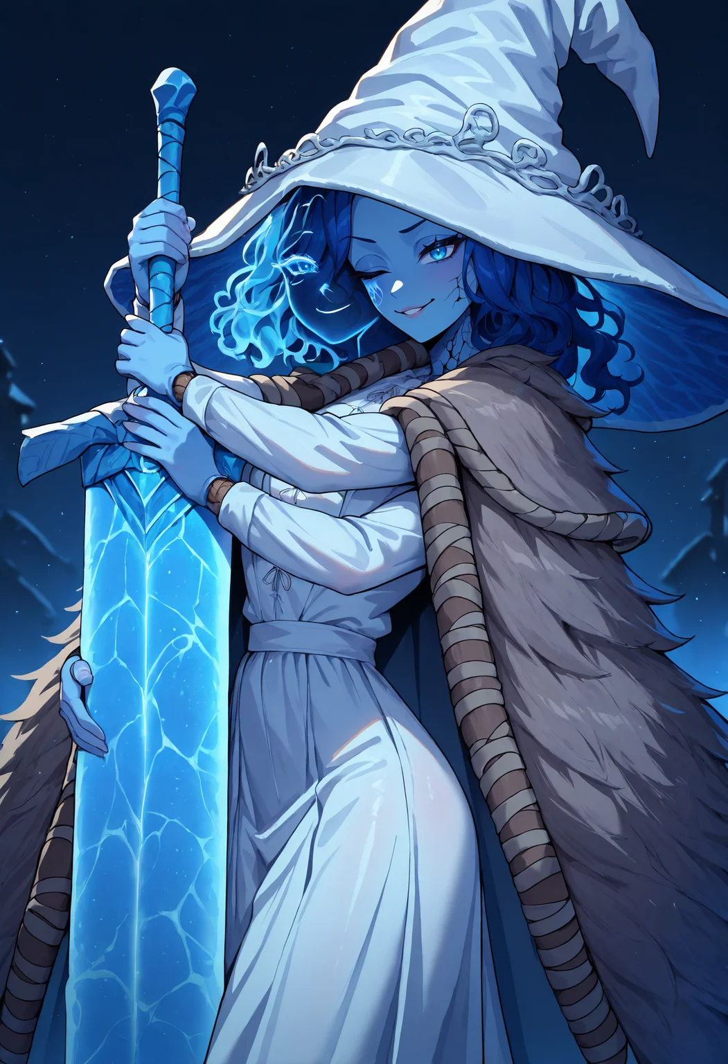 masterpiece, best quality, newest, absurdres, highres, 1girl, RnnDef, blue eyes, one eye closed, blue hair, wavy hair, (4 arms:1.2), extra faces, ghost face, blue skin, colored skin, cracked skin, doll joints, witch hat, large hat, white headwear, white dress, long sleeves, fur cloak, brown cloak, <lora:Ranni_illusXLNoobAI_Incrs_v1-000012:1>, dynamic pose, smirk, greatsword, moonlight greatsword, holding sword,