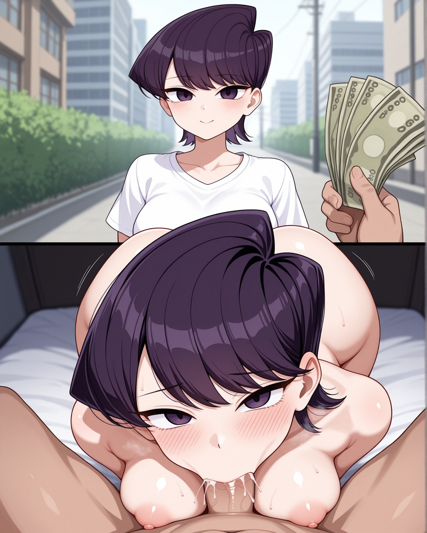masterpiece, best quality, pov_holding_money_before_and_after, 1girl, komi shuuko, short hair, purple hair, purple eyes, pov, looking at viewer, blush, smile, medium breasts, perky breasts, instant loss, 2koma, holding money, pov holding money before and after, fellatio, 1boy, faceless male, male face out of frame, <lora:POV_holding_money_before_and_after_Illustrious:1>,