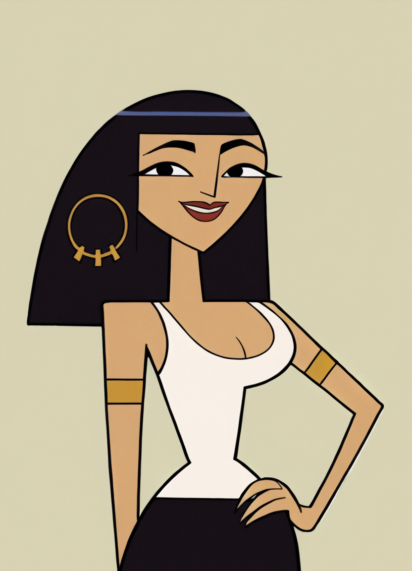 <lora:CleoCHPony1.0:0.9> cleo, 1girl, solo, hoop earrings, cleavage, long hair,smile,white tank top, black eyes, black skirt, lipstick, armlet, bangs, score_9, score_8_up, score_7_up, score_6_up, score_5_up, score_4_up, looking at viewer, hand on own hip, cowboy shot,simple background,