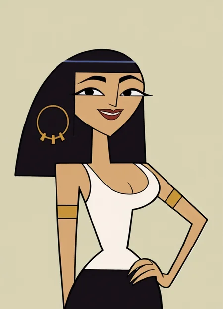 <lora:CleoCHPony1.0:0.9> cleo, 1girl, solo, hoop earrings, cleavage, long hair,smile,white tank top, black eyes, black skirt, lipstick, armlet, bangs, score_9, score_8_up, score_7_up, score_6_up, score_5_up, score_4_up, looking at viewer, hand on own hip, cowboy shot,simple background,