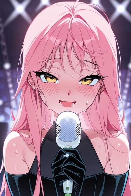 masterpiece, best quality, amazing quality,
<lora:VIVINOS_IL:1> vivinos, 1girl, solo, smile, gloves, black dress, bare shoulders, pink hair, yellow eyes, long hair, blush, microphone, sweat, open mouth, looking at viewer, holding, portrait, stage, blurry, blurry background, strong lights, mizi