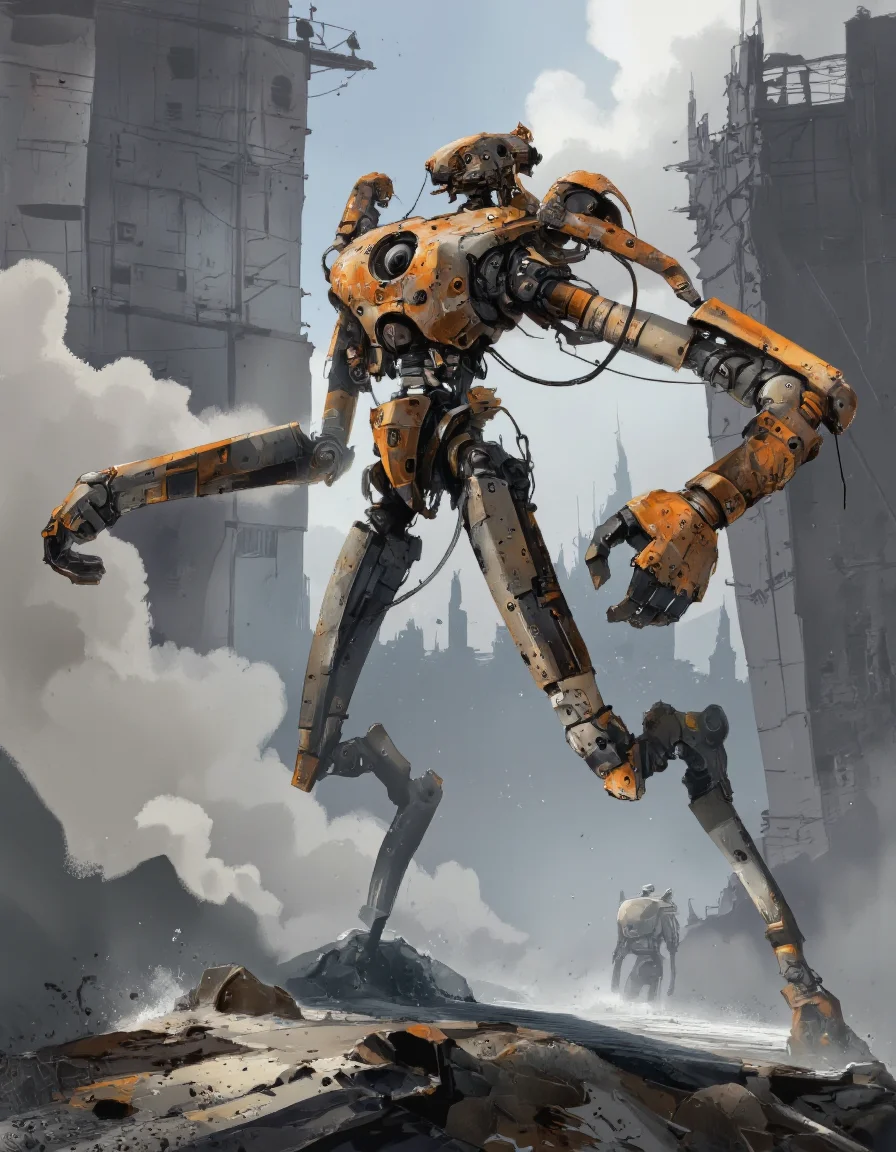 A digital illustration shoot from a front camera angle about a futuristic, industrial robot with a large, mechanical body and multiple limbs, standing in a post-apocalyptic landscape. the image also shows two smaller robots in the background, one in the foreground and one behind it. on the middle of the image, a robot appears to be in a battle-ready stance, with its legs spread wide and its arms outstretched, as if ready to take on any challenge. the robot has a sleek, metallic body with intricate details and a variety of mechanical components, including pipes, cables, and other mechanical components. it has an orange and black color scheme, and its face is not visible due to the camera angle. on its back, another robot is visible, with a smaller, more detailed body and a more menacing expression. the background features a smoky, industrial setting with tall, crumbling structures and a distant, distant cityscape. the overall mood is one of chaos and destruction, with the robot standing out from the rest of the scene.